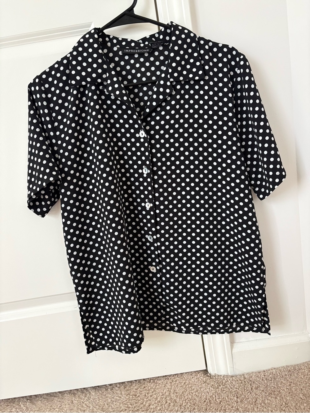 Impressions Black and White Polka Dot Button-Down Top